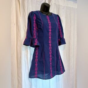 NWT Navy Pink Embroidered Mini Cotton LINED Linen Dress Boho Festival